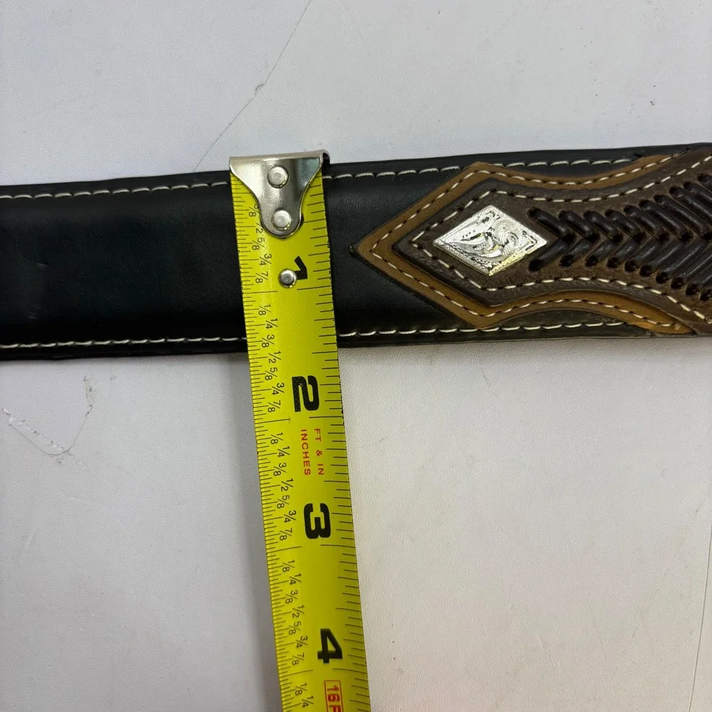 Mens Two Tone Leather Western Belt Black Brown Silver Engraved Buckle Concho
